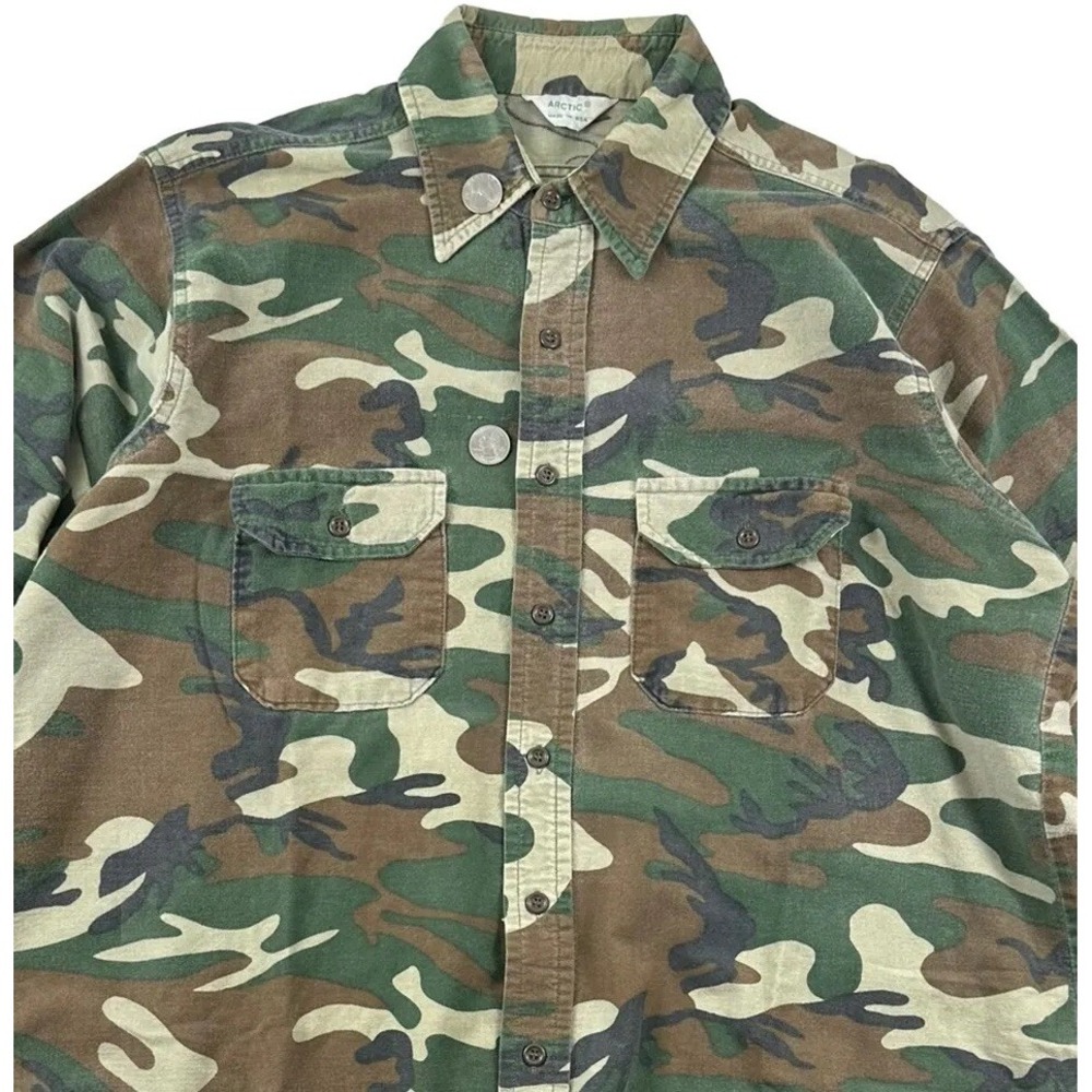 VTG Arctic‎ Camo Flannel Shirt Mens Large TALL LT Green Shacket Made In USA